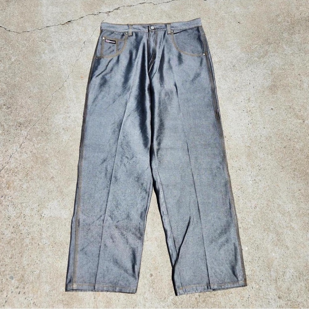 Brooklyn Xpress shiny reflective silver raw denim jeans
Marked size 38, fits 37